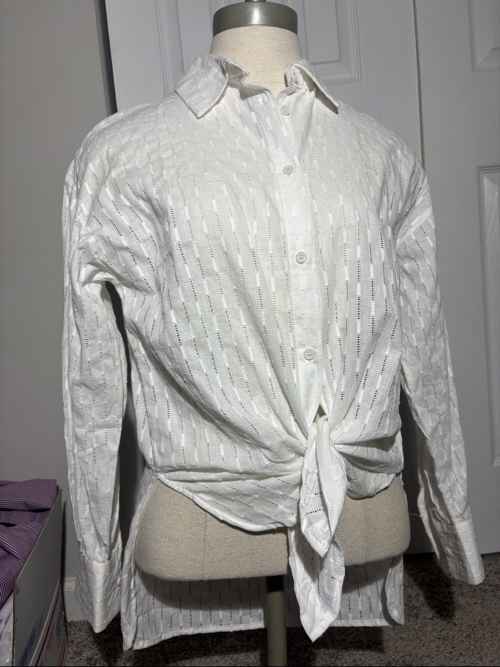 Casual White Women Button-Down Tie-Front Shirt